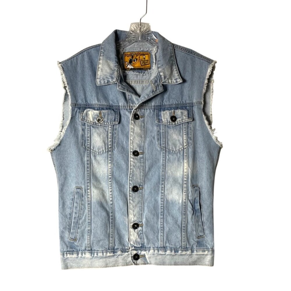 Rolling Paper Light Wash Sleeveless Denim Vest Frayed Hem